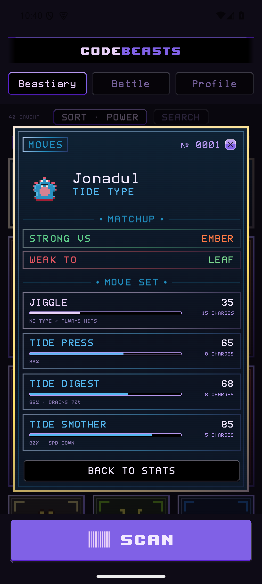 A beast’s moves, charges and elemental matchups