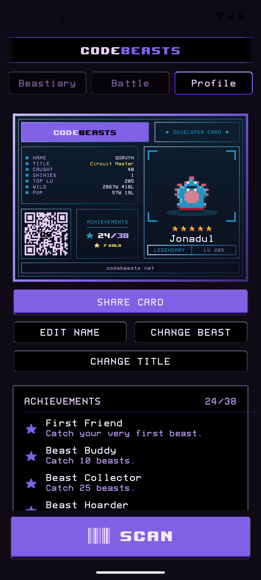 The developer card and achievements