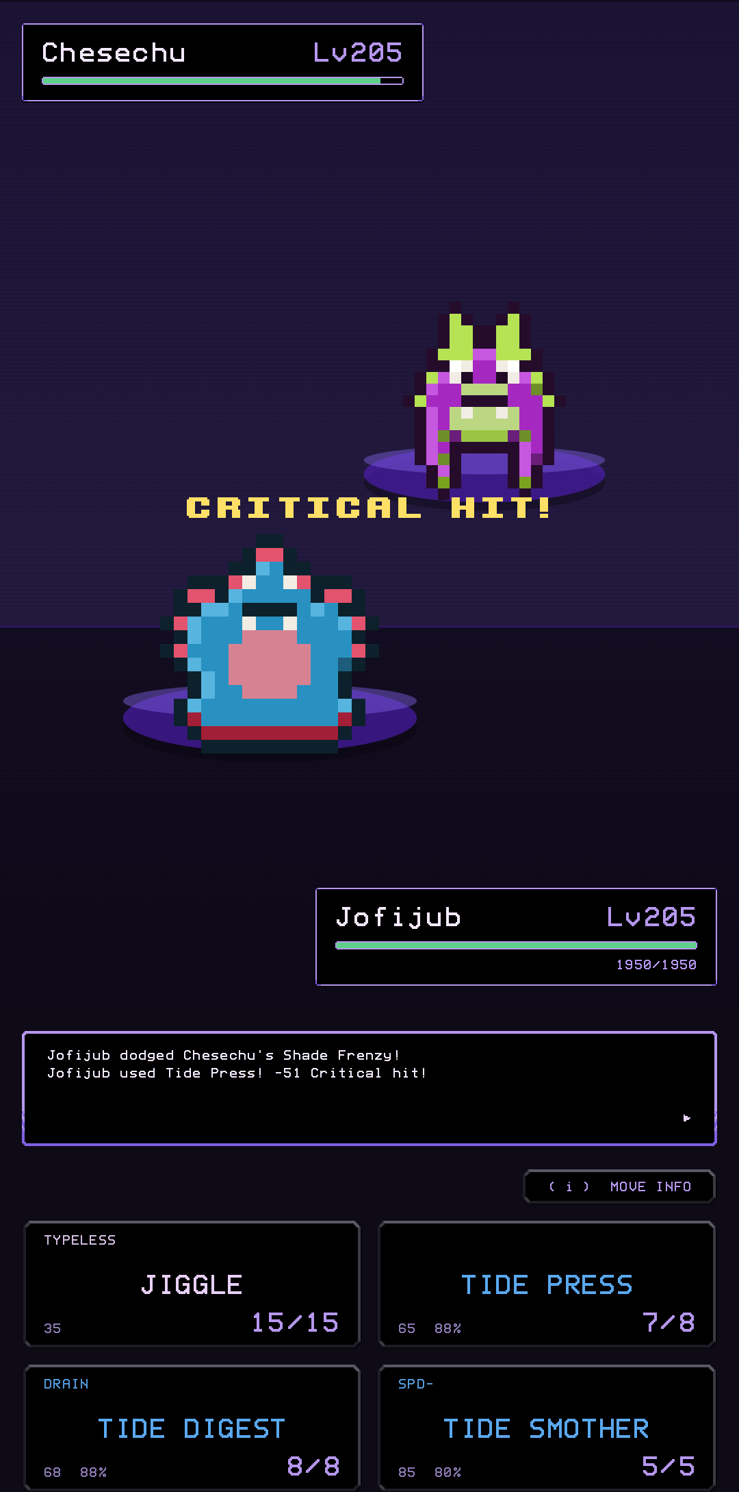A turn-based battle, with health bars and a four-move pad