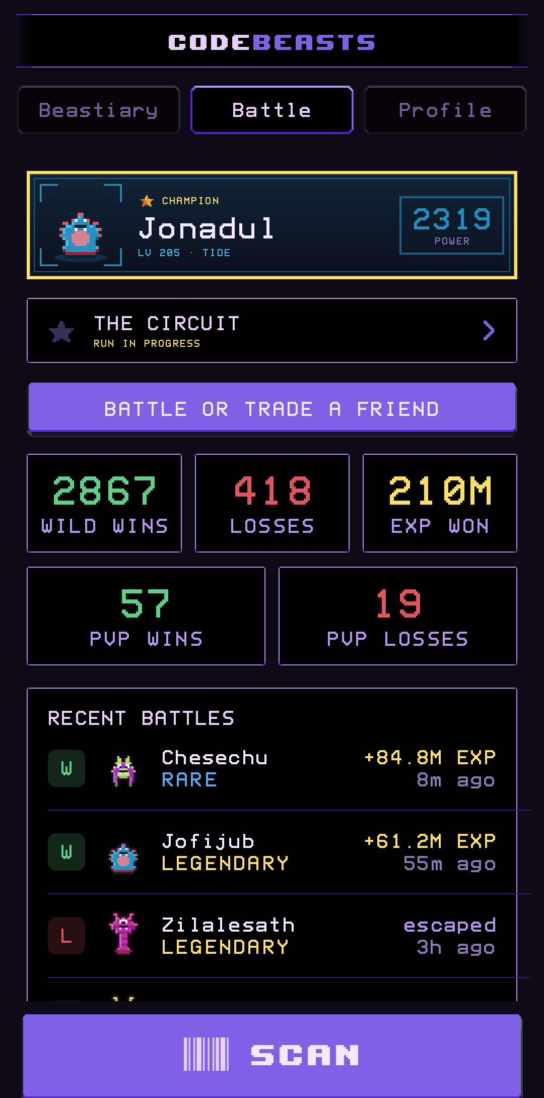 The Battle hub showing a win and loss record and recent fights