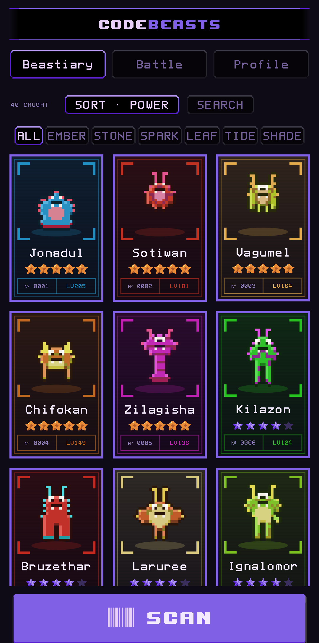 The Beastiary, a grid of caught beasts you can sort, filter and search