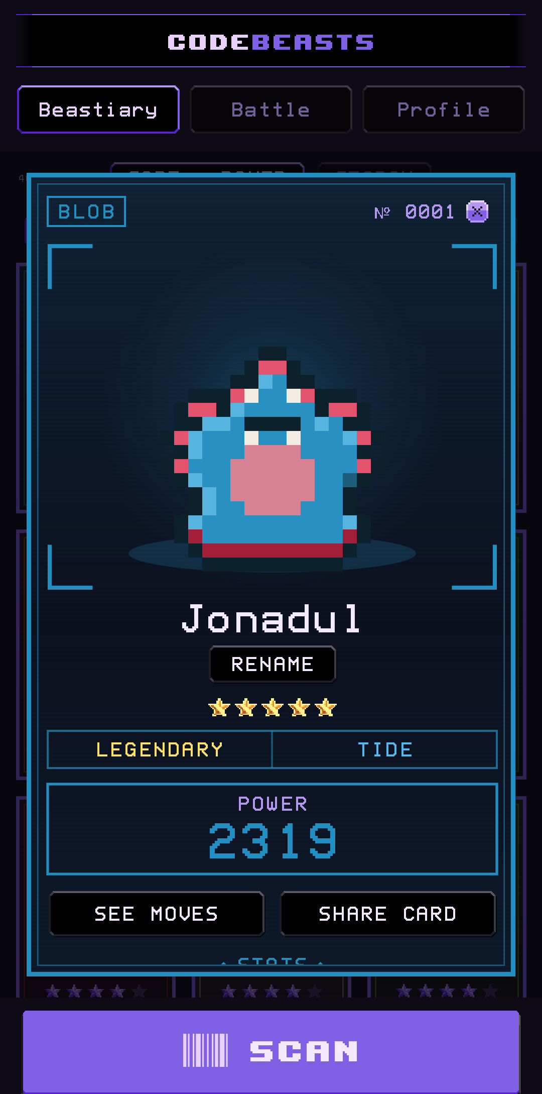 A beast card showing its art, name, rarity, element and POWER