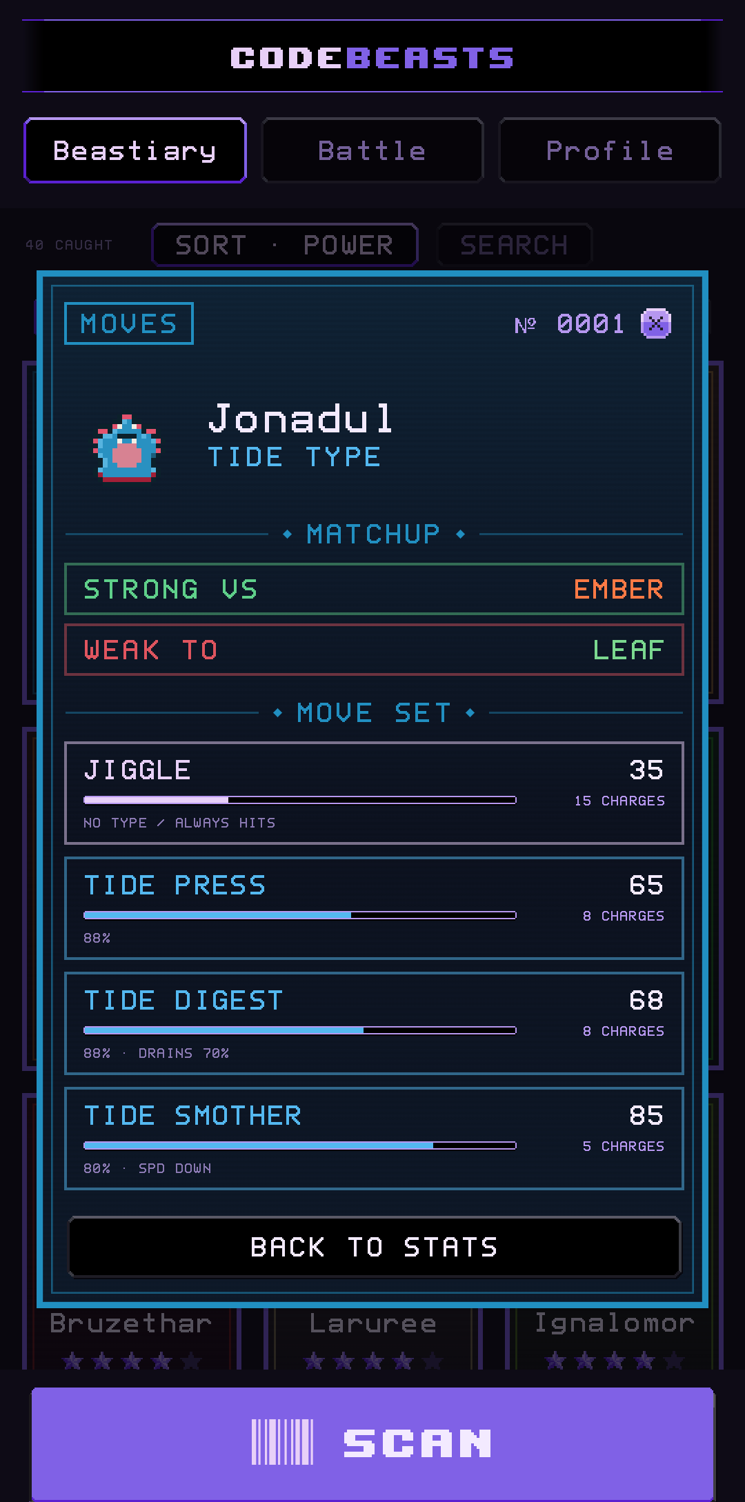 The back of a beast card, showing its moves and matchups