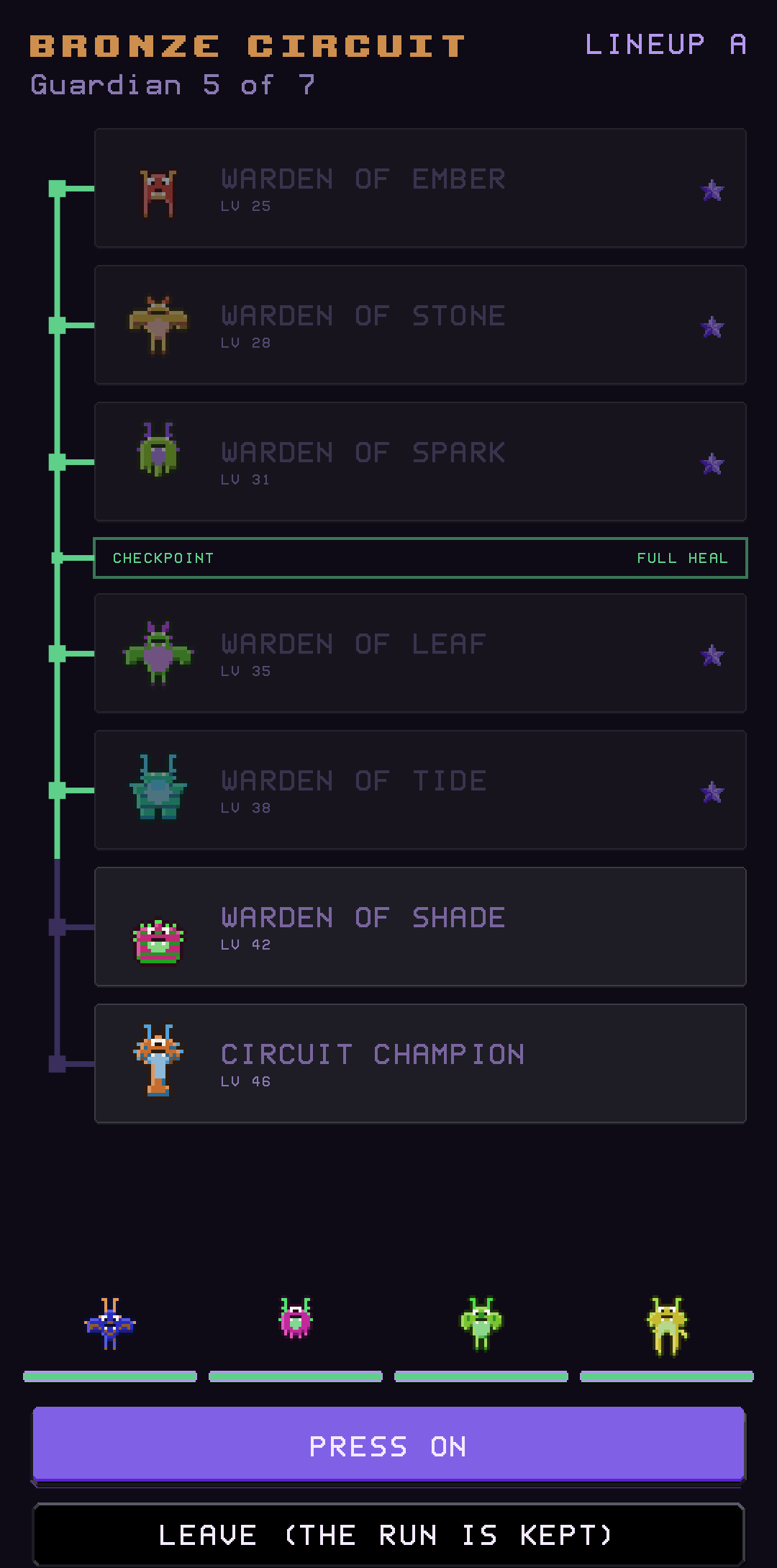 The Circuit board, showing six elemental guardians and the Circuit Champion