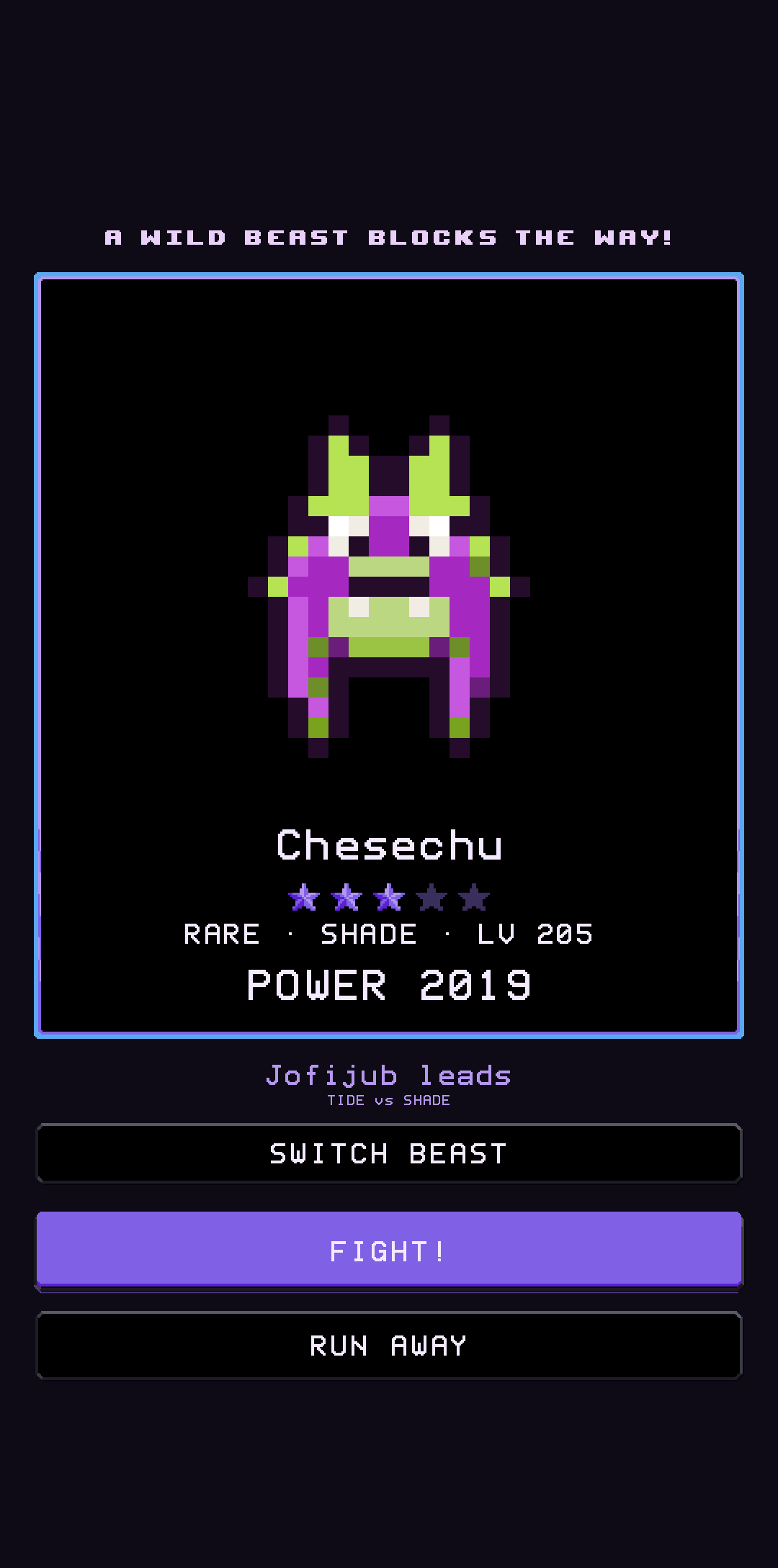 A wild beast blocks the way, with the option to switch which beast leads