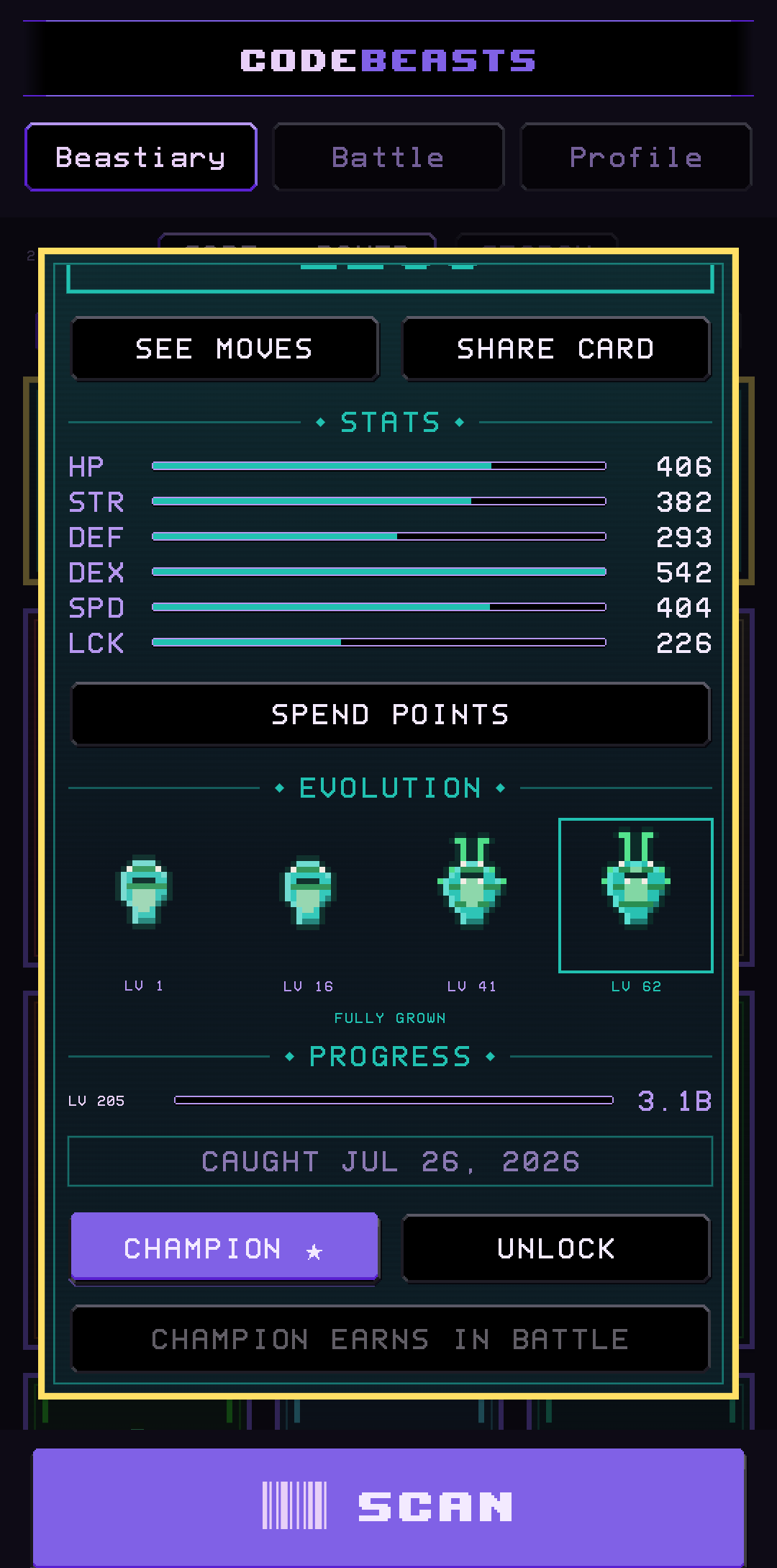 A beast card showing every form it has been, side by side