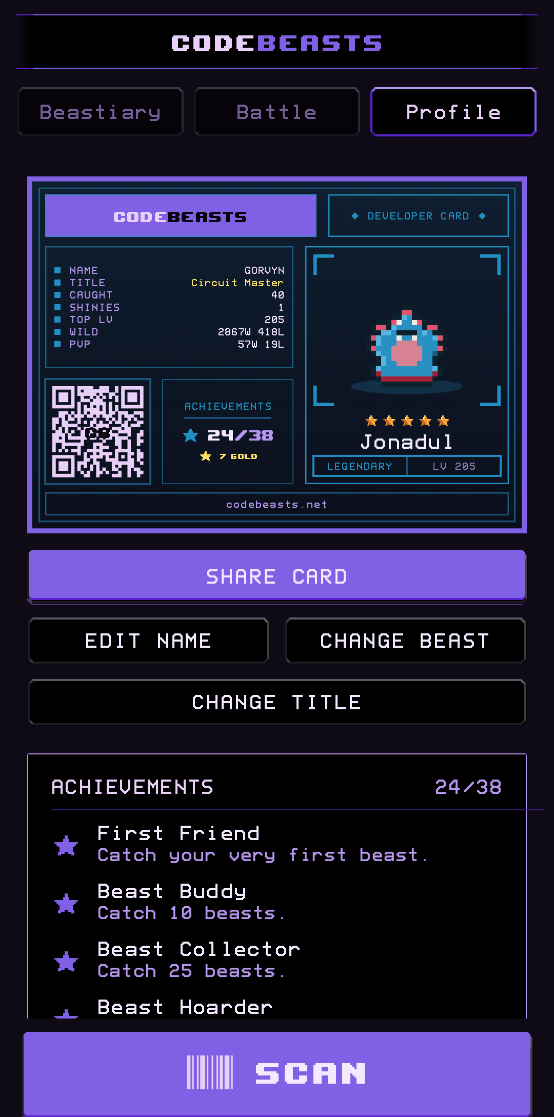 The Profile tab with your developer card, title and achievements