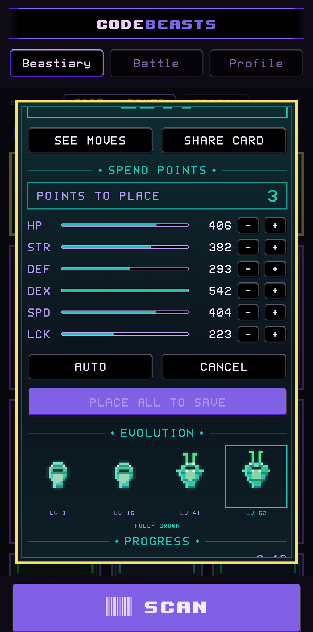 Spending level-up points to shape a beast’s build